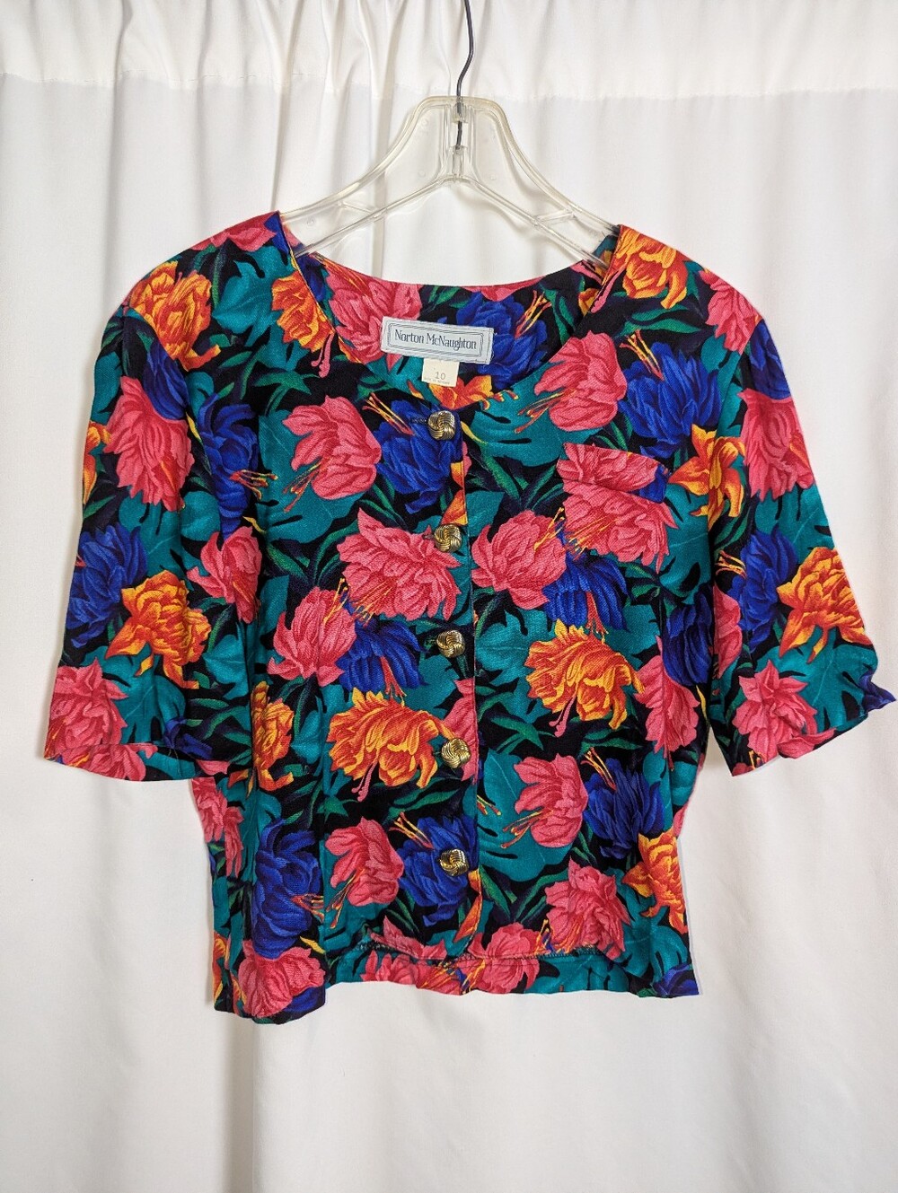 Vintage 1980s Norton McNaughton Tropical Floral Cropped Length Blouse Size 10